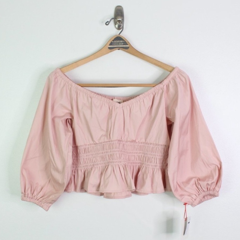 A04 Open Edit Off the Shoulder Blouse Poplin Organic Cotton Peplum Crop Top sz S - Picture 2 of 6